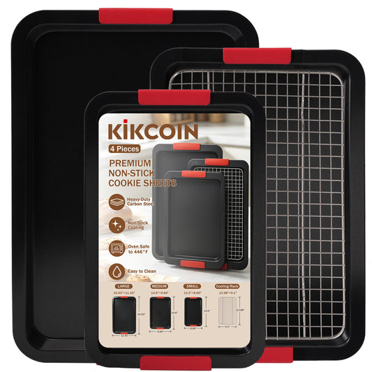Kikcoin Cookie Sheet Pan, 4-Piece Non-stick Cupcake Pan Set with Cooling Rack, Carbon Steel Baking Set with Silicone Handles, Black