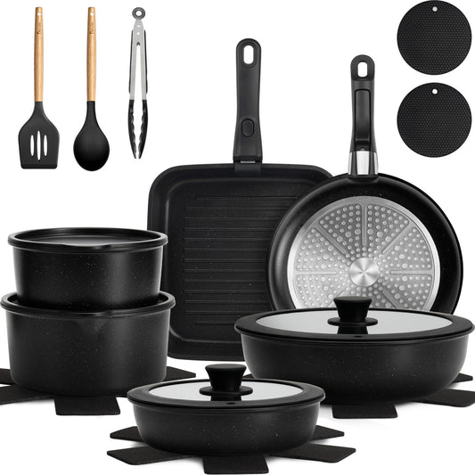 Kikcoin 22 pieces Pots and Pans Set Non-toxic, 6 Nonstick pots Cookware Set with Detachable Handles, Dishwasher Safe(Black)