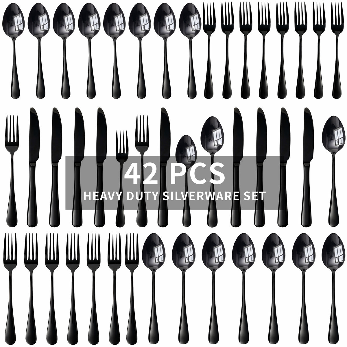 Kikcoin 42 Pcs Silverware Set for 8, Stainless Steel Flatware Set, Mirror-Polished Spoons, Forks and Knife Set, Cutlery Utensils Set for Kitchen, Wedding and Restaurant, Black