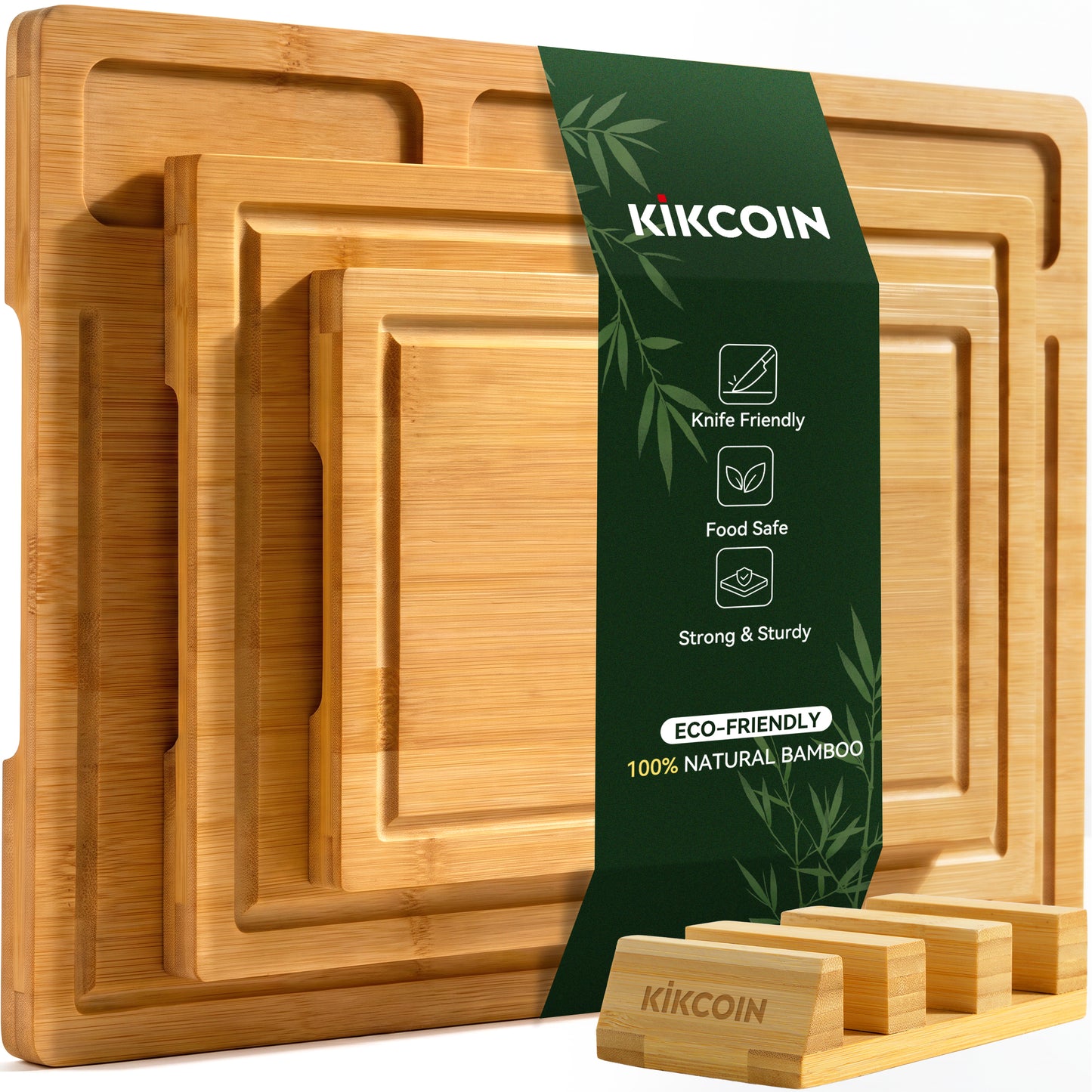Kikcoin Cutting Board, 4-Piece Bamboo Wood Chopping Boards with Rack, Wooden Charcuterie Board for Kitchen