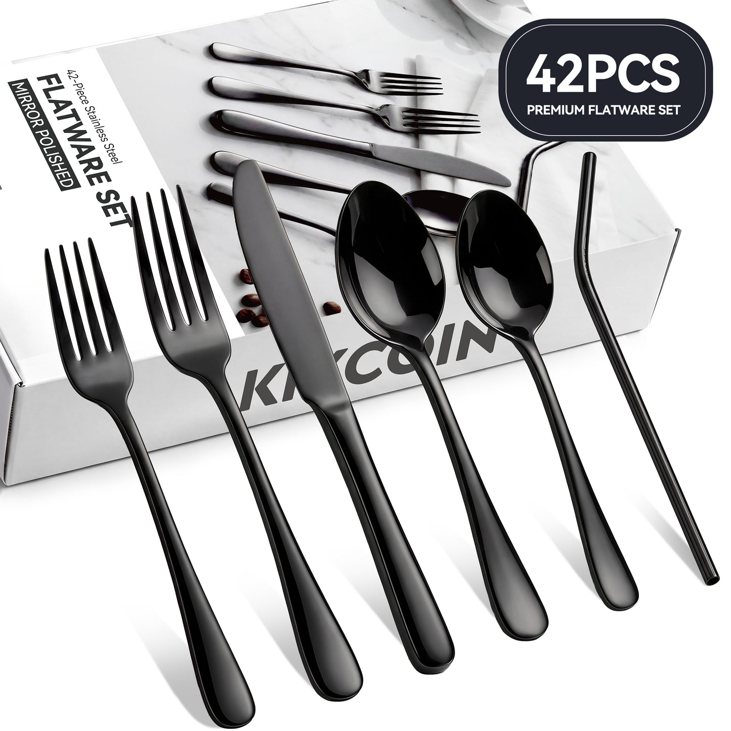 Kikcoin 42 Pcs Silverware Set for 8, Stainless Steel Flatware Set, Mirror-Polished Spoons, Forks and Knife Set, Cutlery Utensils Set for Kitchen, Wedding and Restaurant, Black