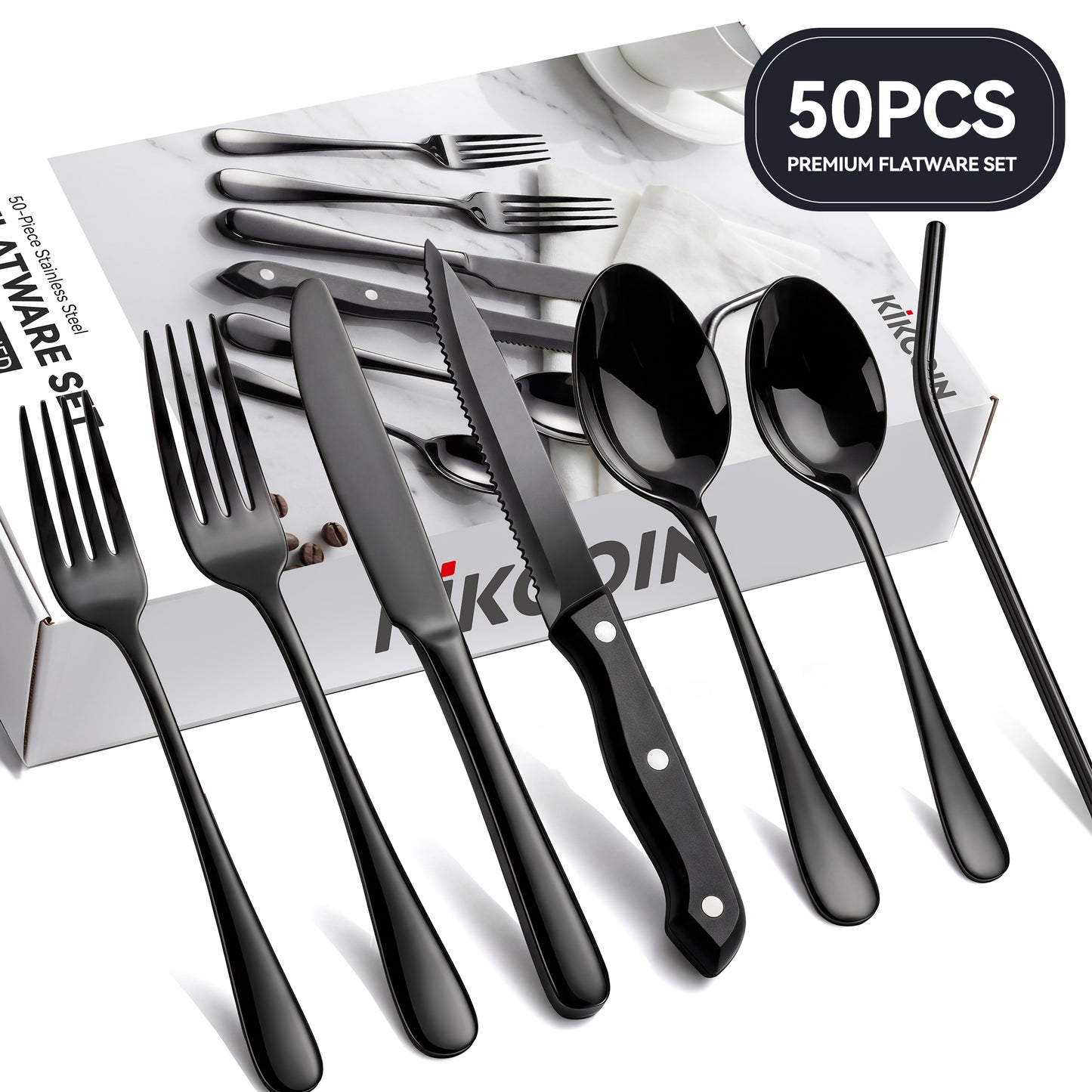 Kikcoin 50 Pcs Silverware Set for 8, Stainless Steel Flatware Set, Mirror-Polished Fork Knife Set, Cutlery Utensils Set for Kitchen, Steak Knife Included, Black