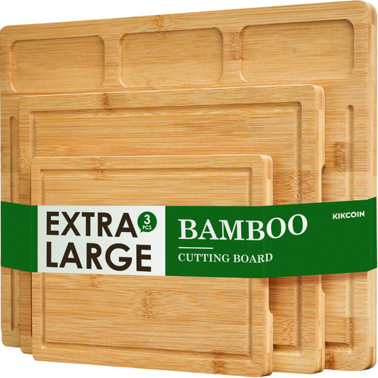 Kikcoin Cutting Board Set of 3, Bamboo Cutting Boards for Kitchen with Juice Groove and 3 Built-In Compartments, Heavy Duty Wooden Chopping Board