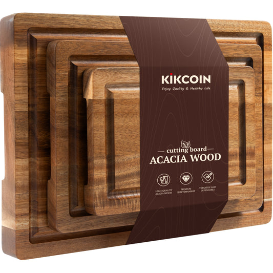 Kikcoin Acacia Wood Cutting Board, Cutting Board Set of 3 with Juice Groove, Wooden Chopping Boards for Kitchen, for Meat & Vegetables