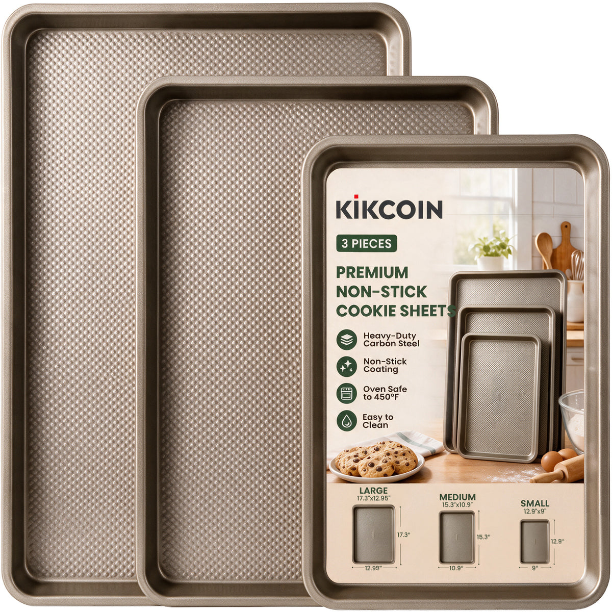 Kikcoin 3-Piece Nonstick Baking Sheets, Carbon Steel Cookie Sheet Set with Textured Surface, Heavy Duty Baking Pans for Oven, Champagne Gold