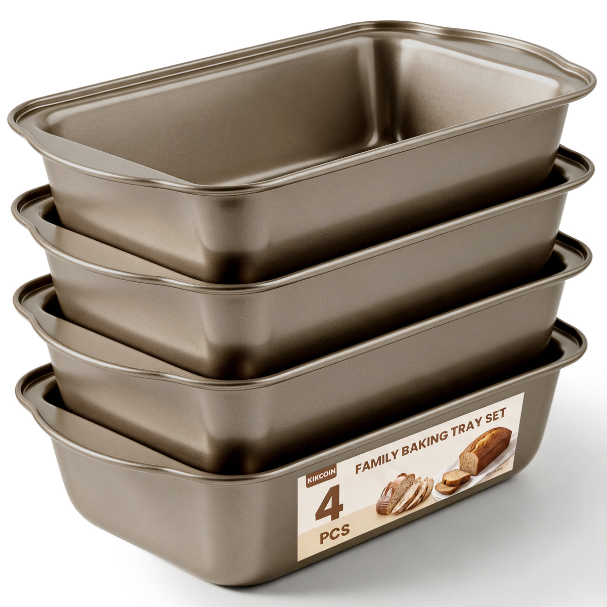 Kikcoin 4-Piece Loaf Pan Set, 9"*5" Non-Stick Baking Pan, Carbon Steel Bakeware, Easy Release & Oven Safe Meatloaf Pan for Banana Bread, Cake & Pastry Baking, Champagne Gold
