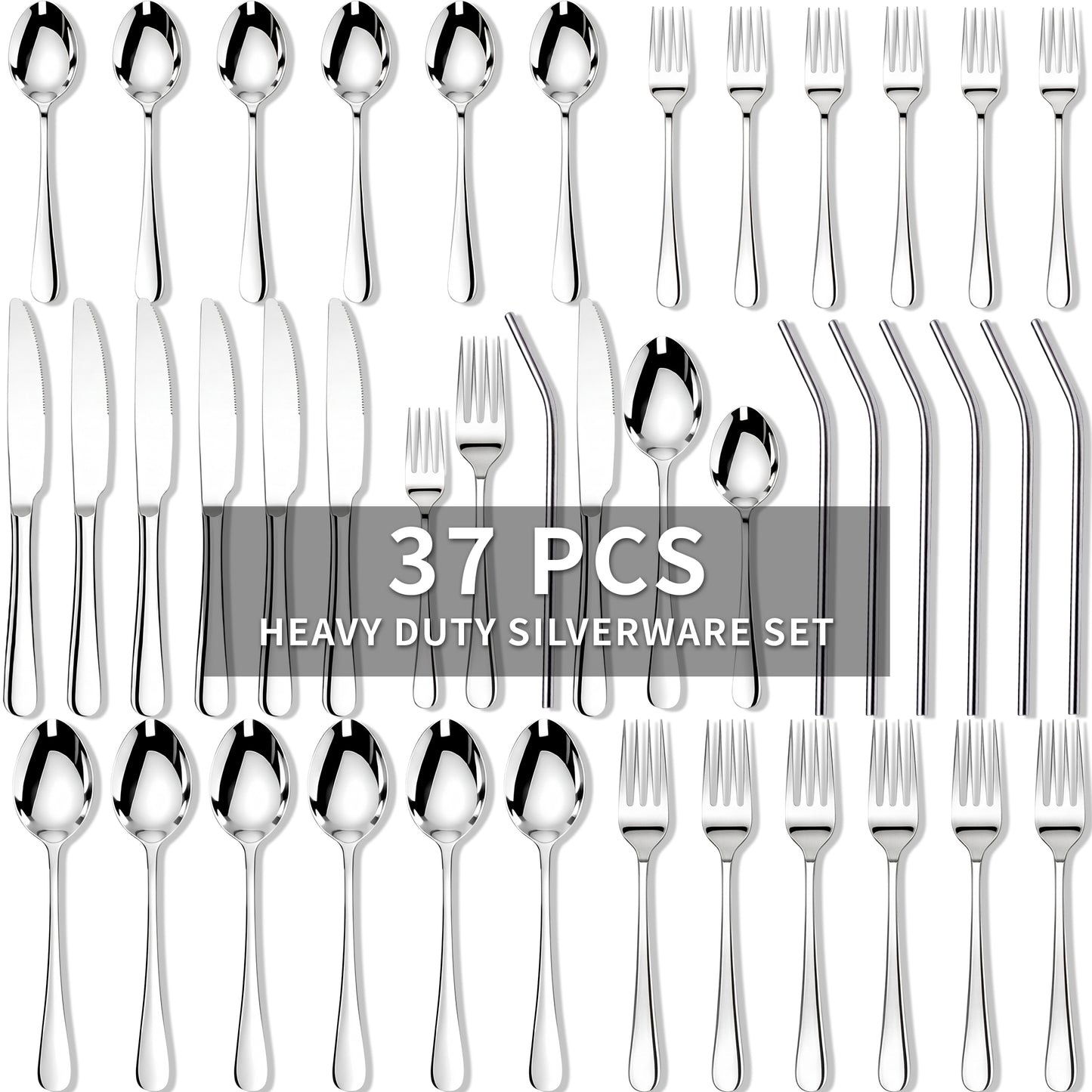 Kikcoin Silverware Set for 6, 37 Pcs Stainless Steel Flatware Set, Mirror Polished Tableware Cutlery for Home, Restaurant, Dishwasher Safe