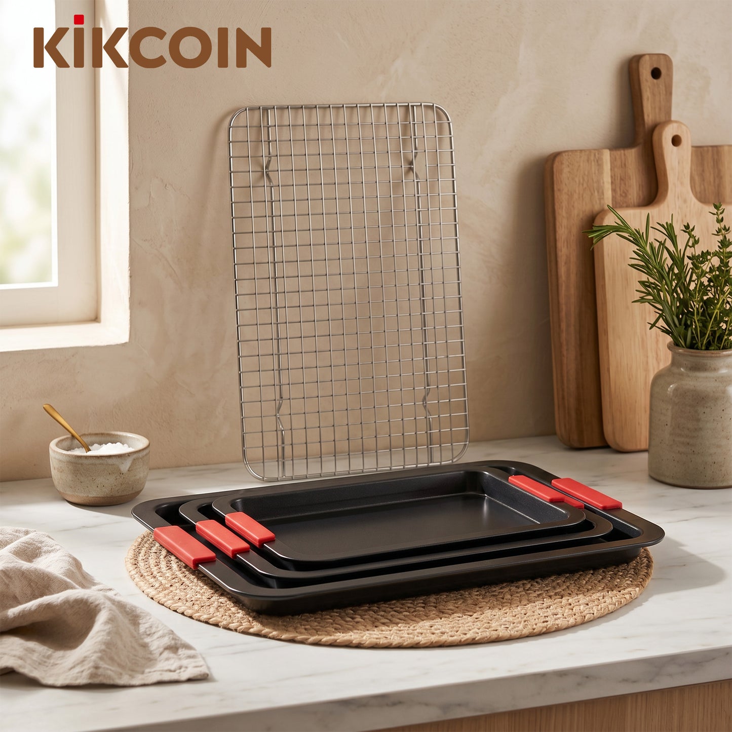 Kikcoin Cookie Sheet Pan, 4-Piece Non-stick Cupcake Pan Set with Cooling Rack, Carbon Steel Baking Set with Silicone Handles, Black