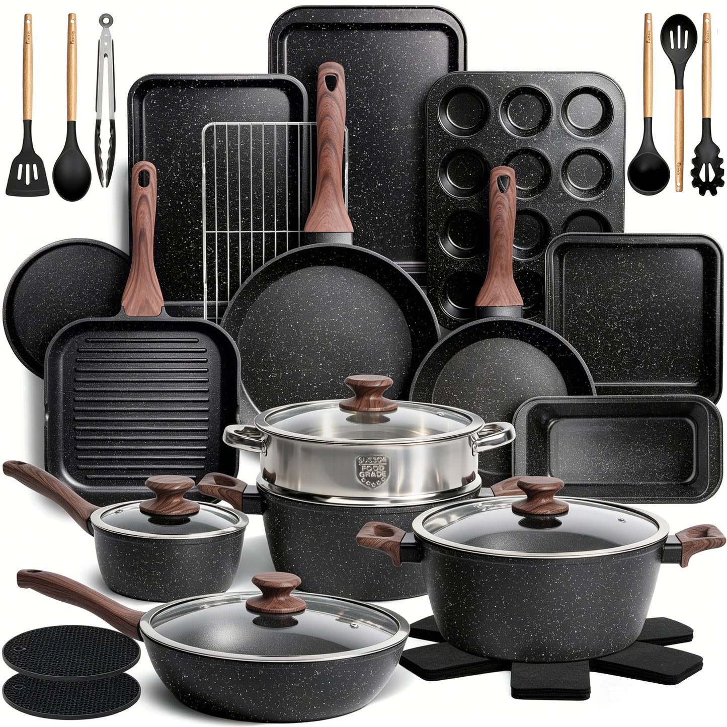 Kikcoin 34-Piece Pots and Pans Set, Dishwasher-Safe Non Stick Pots and Pans with Utensils, Premium Bakeware and Cookware Set for Kitchen, Black