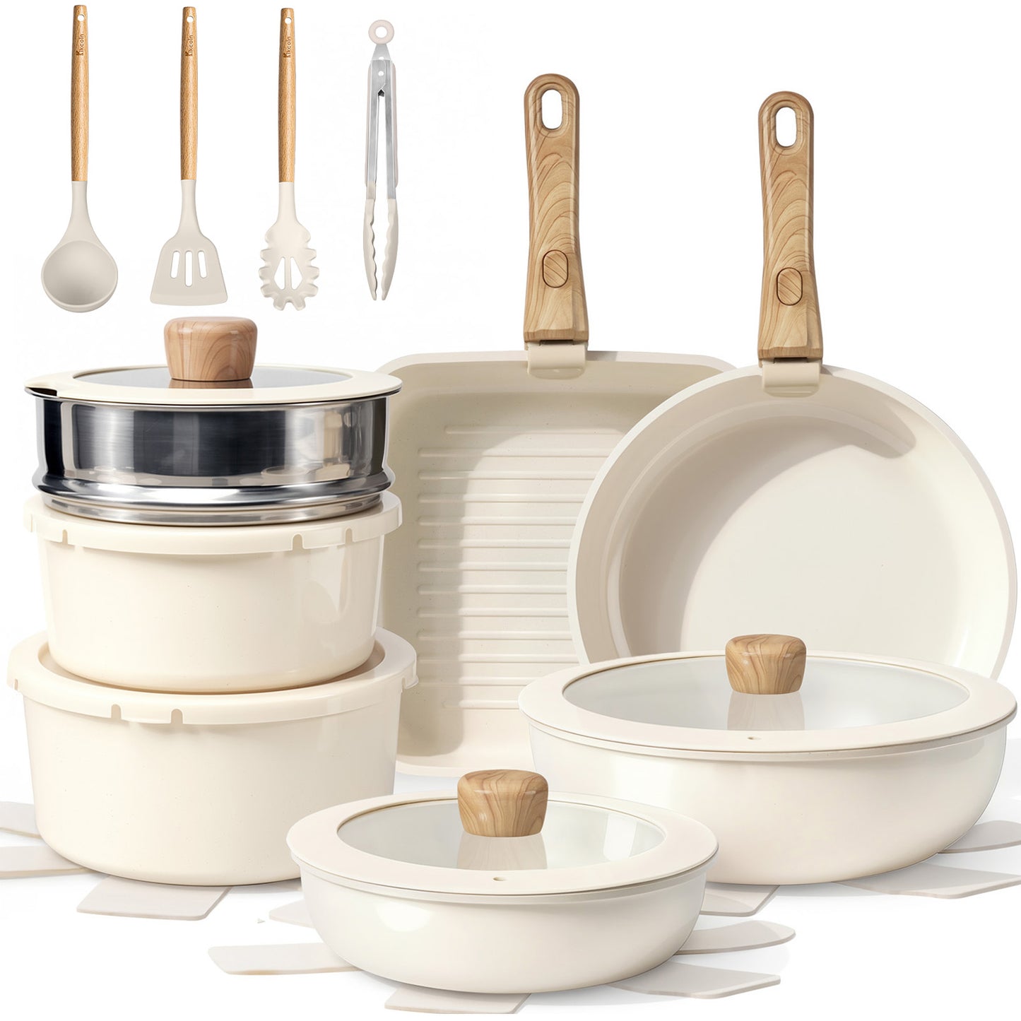 Kikcoin Pots and Pans Set, 24-Piece Ceramic Cookware Set with Detachable Handle, Stackable Pots Set for Kitchen, Induction and Dishwasher Safe, Beige