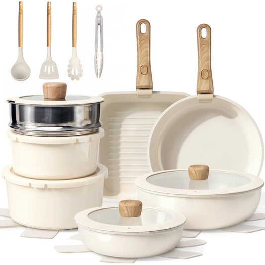 Kikcoin Pots and Pans Set, 24-Piece Ceramic Cookware Set with Detachable Handle, Stackable Pots Set for Kitchen, Induction and Dishwasher Safe, Beige