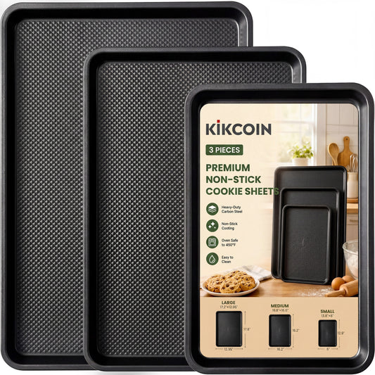 Kikcoin 3-Piece Nonstick Baking Sheets, Carbon Steel Cookie Sheet Set with Diamond Texture, Heavy Duty Baking Pans for Oven, Black