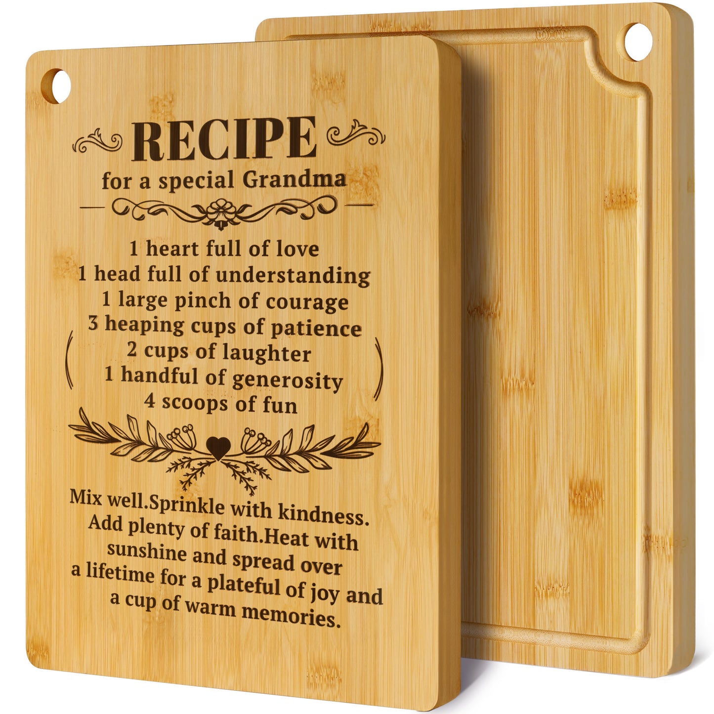 Kikcoin Bamboo Cutting Board, 13.78" Engraved Gift Chopping Board for Grandma, Thanksgiving, Birthday, Christmas Gifts - Recipe for a Special Grandma