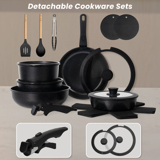 Kikcoin 20pcs Non-Stick Cookware Set, Non-Toxic Coating Pot & Pan Set with Removable Handles, Induction/Oven Safe to Use(Black)