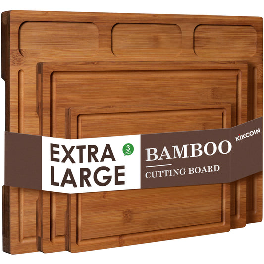 Kikcoin Cutting Board, 3-Piece Extra Large Bamboo Chopping Boards for Kitchen, Heavy Duty Wooden Serving Tray with Juice Groove, Brown