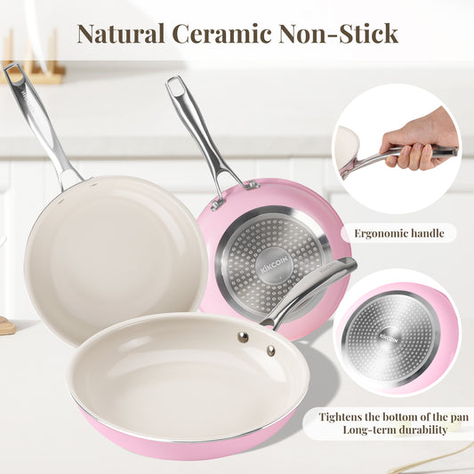 Kikcoin 3 pack Non-Stick Ceramic Frying Pan Set, Healthy Cookware Skillet Set with Stay Cool Handles, Induction Safe, Beige and Pink(8"+9.5"+11")