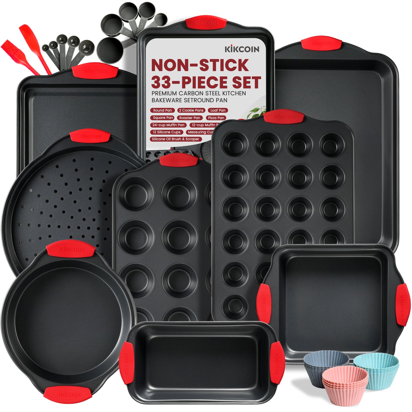 Kikcoin Bakeware Set, 33-Piece Baking Pans Set, Nonstick Baking Sheet Pans for Kitchen with Silicone Handles, Nonstick Cookie Sheets, Loaf Pan, Gray