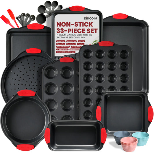 Kikcoin Bakeware Set, 33-Piece Baking Pans Set, Nonstick Baking Sheet Pans for Kitchen with Silicone Handles, Nonstick Cookie Sheets, Loaf Pan, Gray