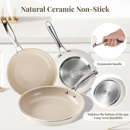 Kikcoin 3 pack Non-Stick Ceramic Frying Pan Set, Healthy Cookware Skillet Set with Stay Cool Handles, Induction Safe, Beige and Khaki (8"+9.5"+11")