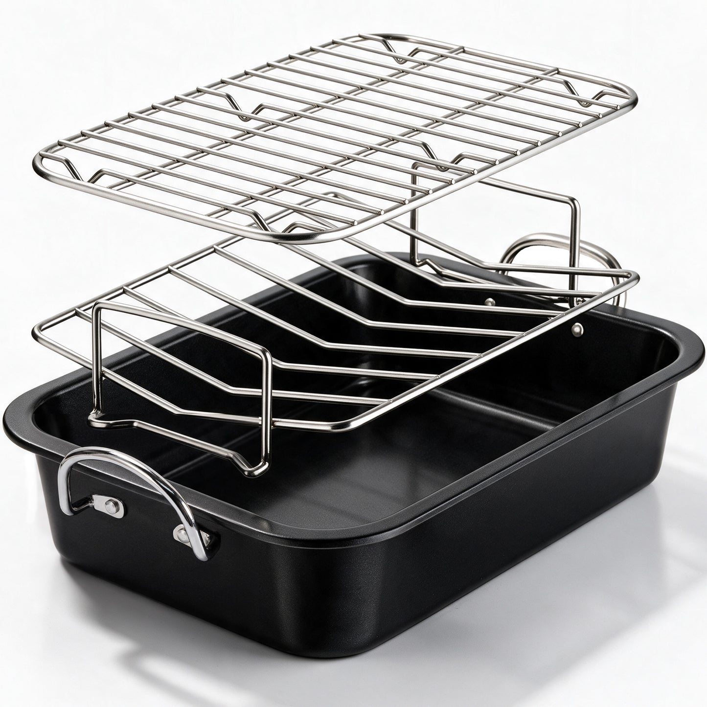Kikcoin 3-Piece Turkey Roasting Pan Set with Racks, 15.75"x12" Nonstick Heavy Duty Baking Pan, Turkey Roaster with Handles, Black