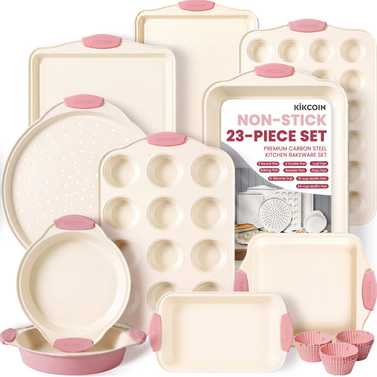 Kikcoin Bakeware Set, 23-Piece Baking Pans Set Kitchen Carbon Steel Baking Sheet Pans with Silicone Handles, Cookie Sheets Nonstick(Pink)