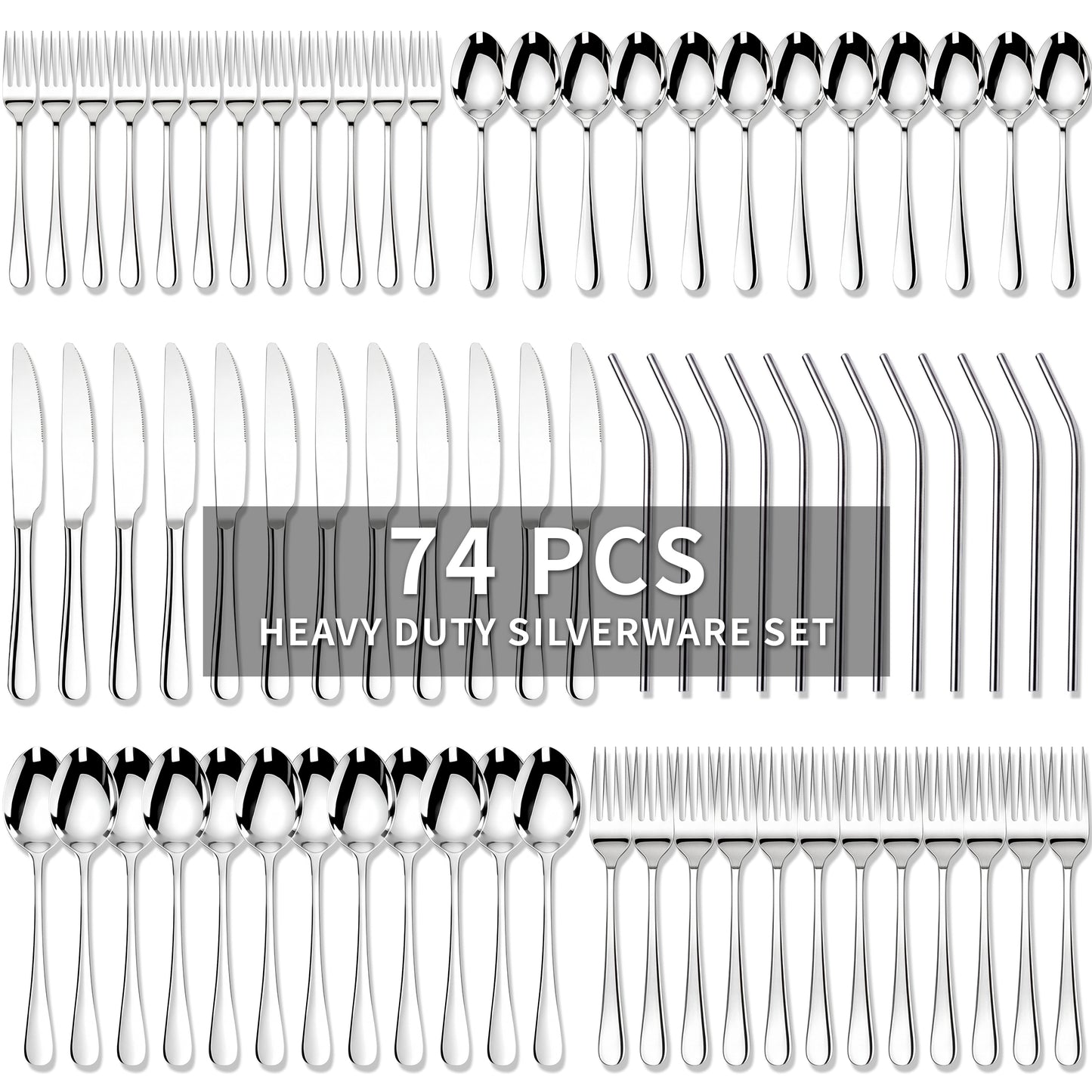 Kikcoin Silverware Set for 12, 74 Pcs Stainless Steel Flatware Set, Mirror Polished Tableware Cutlery for Home, Restaurant, Dishwasher Safe