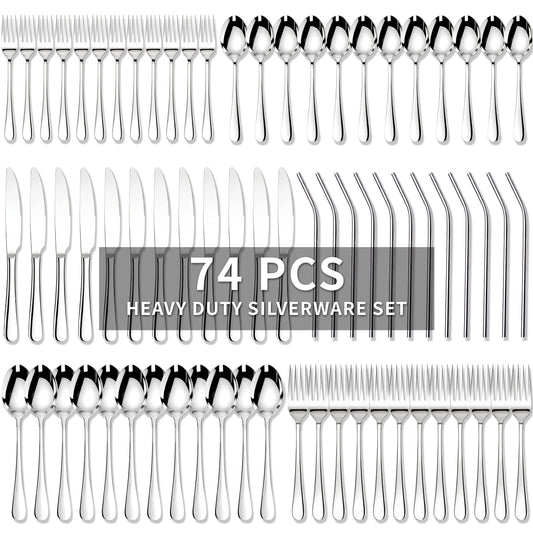 Kikcoin Silverware Set for 12, 74 Pcs Stainless Steel Flatware Set, Mirror Polished Tableware Cutlery for Home, Restaurant, Dishwasher Safe