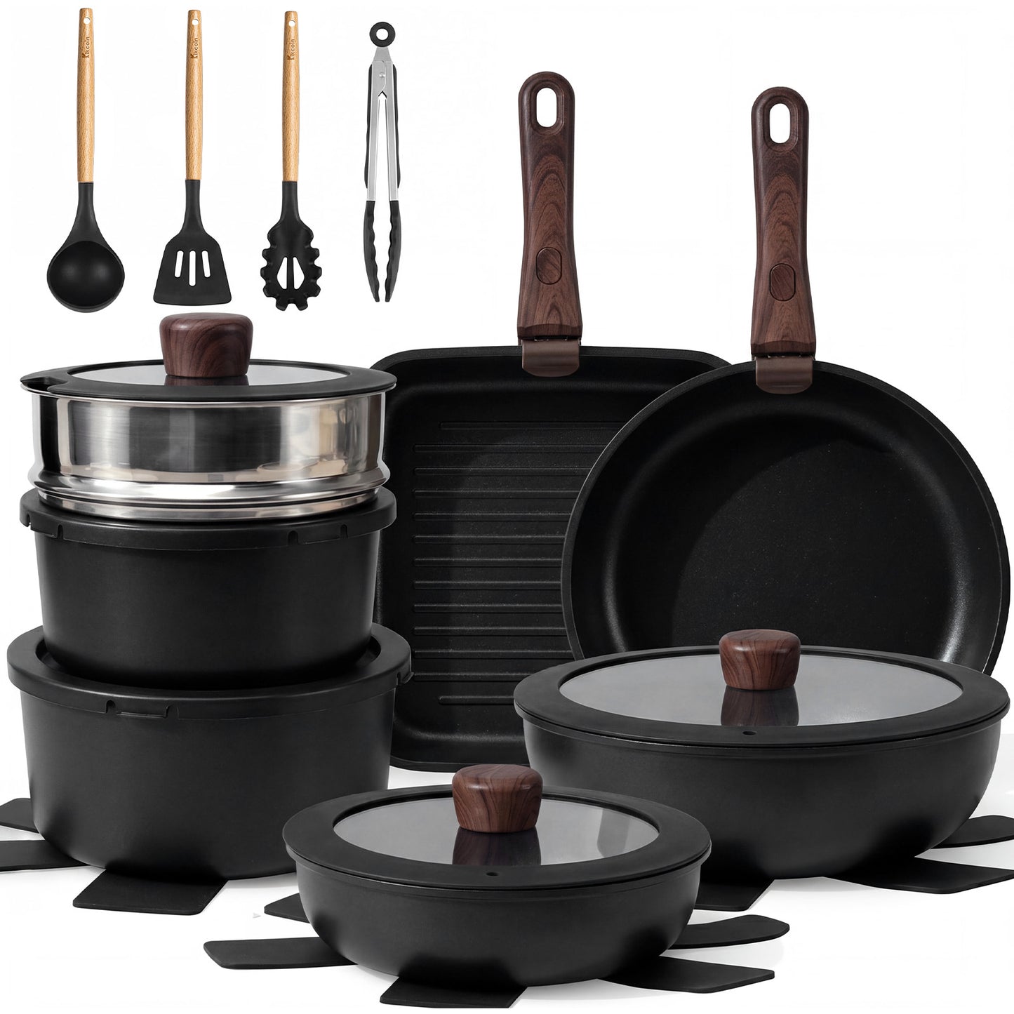 Kikcoin Pots and Pans Set, 24-Piece Ceramic Cookware Set with Detachable Handle, Stackable Pots Set for Kitchen, Induction and Dishwasher Safe, Black