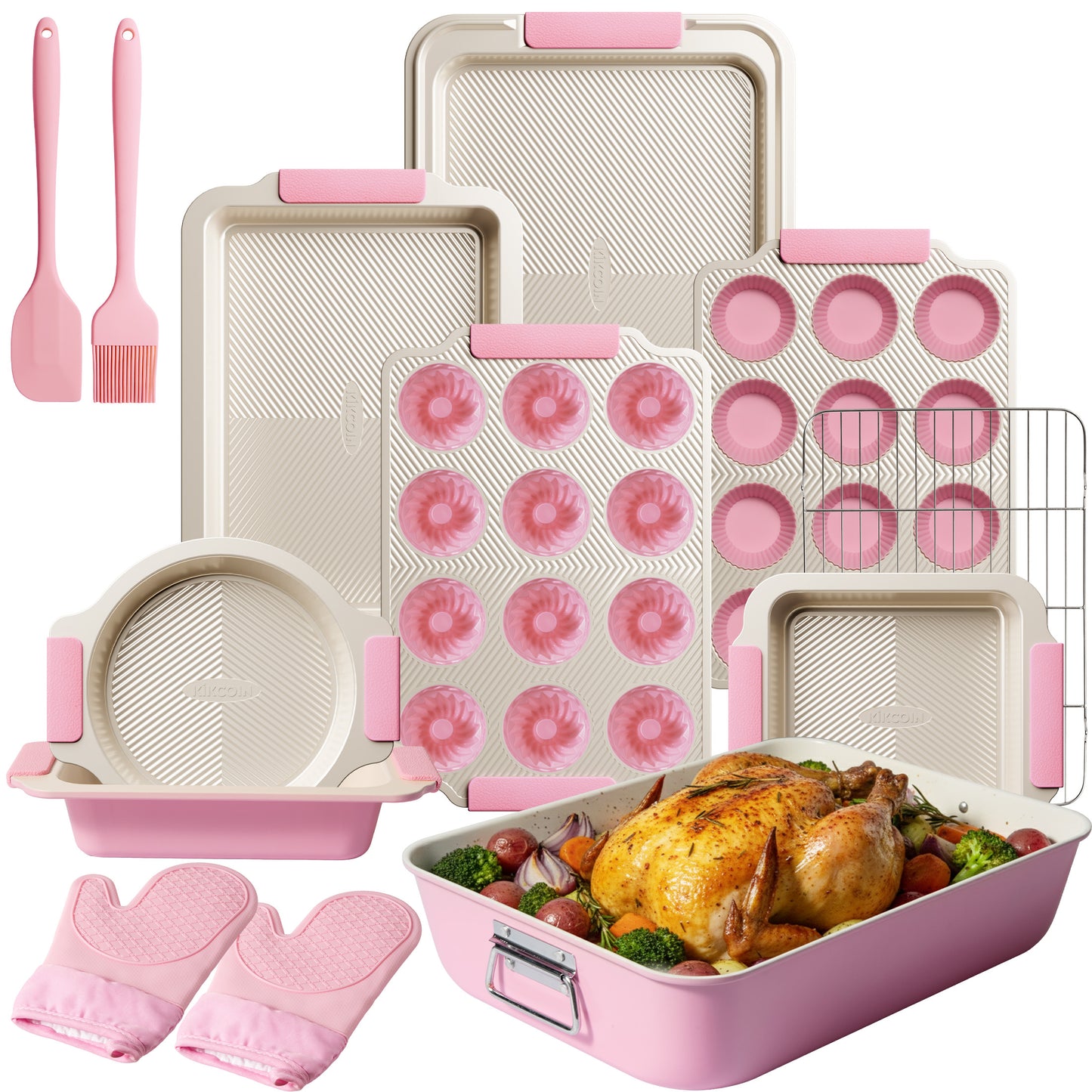 Kikcoin 37-piece Bakeware Set, Non-stick Baking Pans Set with Silicone Handles, 446°F Oven Safe Stackable Baking Sheets for Kitchen, Cookie Sheets with textured surface, Pink