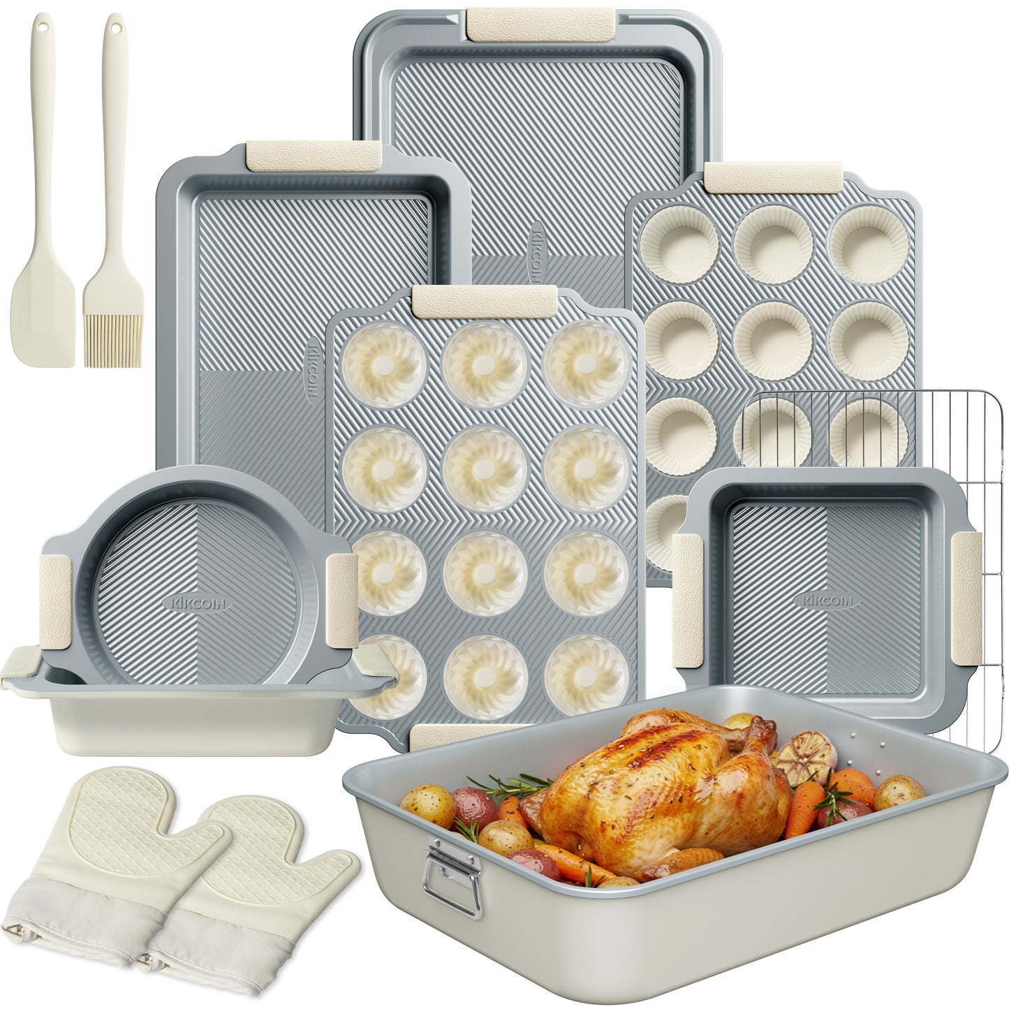 Kikcoin 37-piece Bakeware Set, Non-stick Baking Pans Set with Silicone Handles, 446°F Oven Safe Stackable Baking Sheets for Kitchen, Cookie Sheets with textured surface, Gray