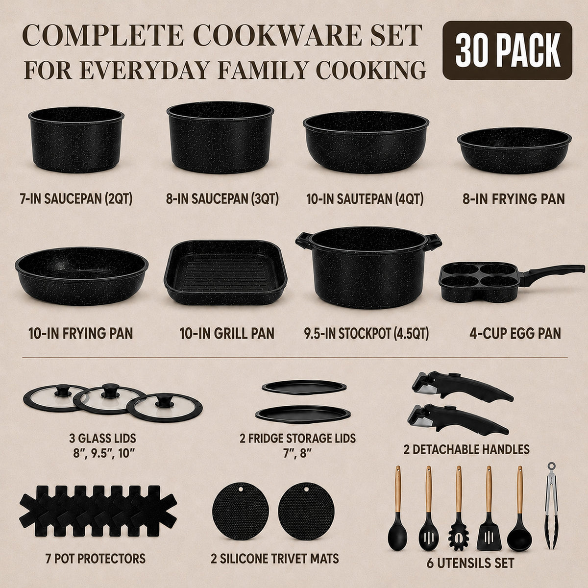 KIKCOIN 30-Piece Nonstick Pots and Pans Set, Cookware with Removable Handle Complete Cooking Set; Induction Ready, Stackable, Dishwasher & Oven Safe to 480°F, PFAS-Free; Includes Frying Pans, Stock Pot