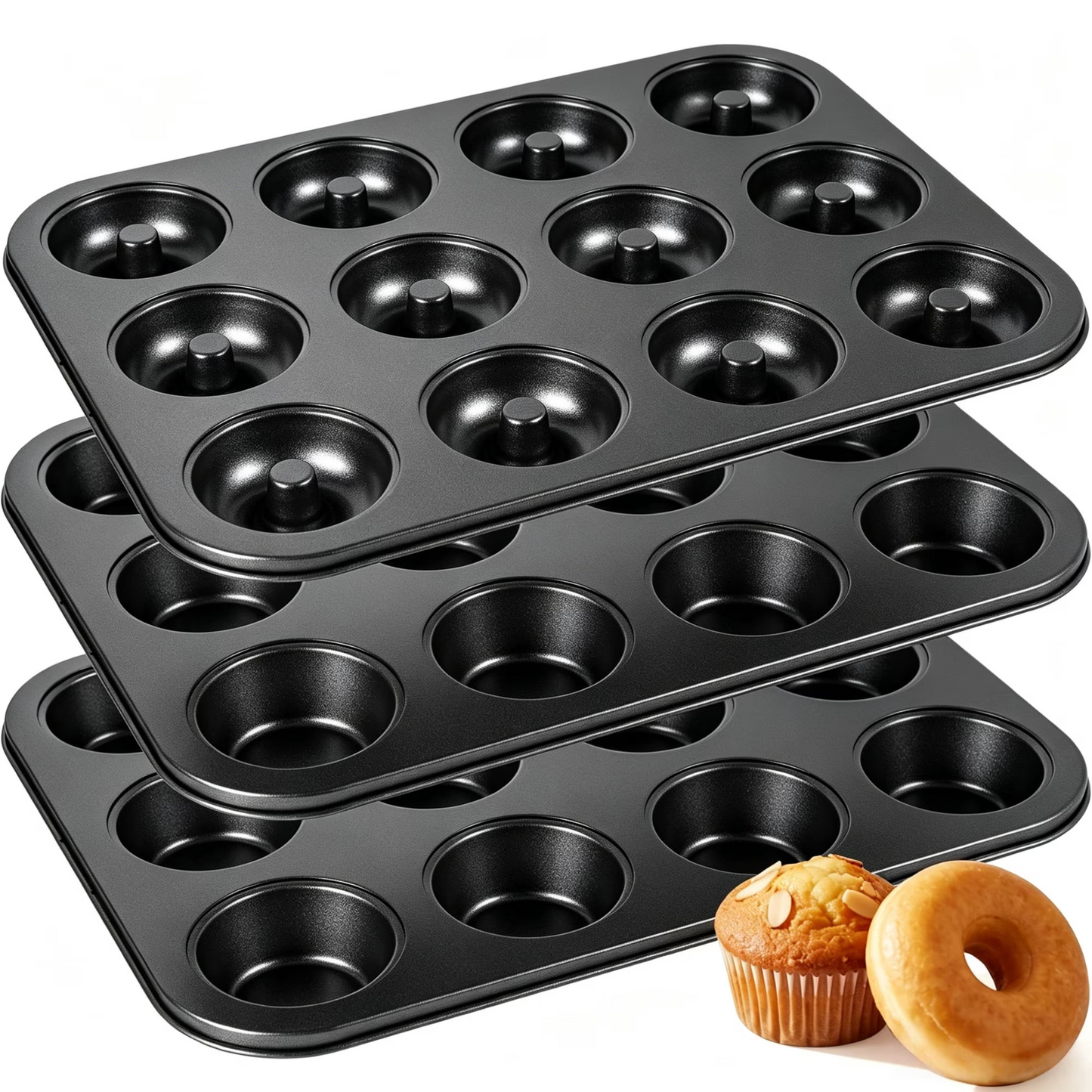 Kikcoin 3-Piece Muffin Pans & Donut Pan, Nonstick Baking Pan Set, Carbon Steel Bakeware Sets for Cupcakes, Donuts & Homemade Desserts, Oven Safe Up to 446℉