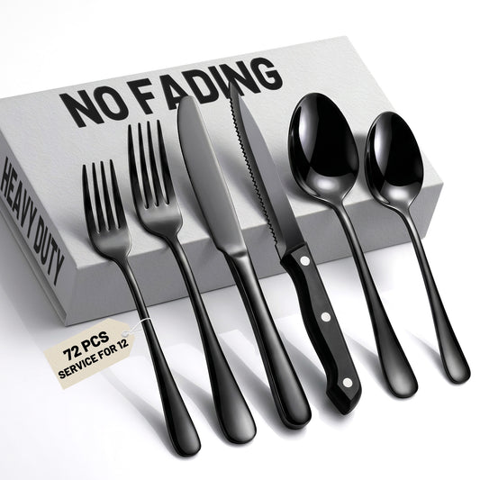 72 PCS NO-FADING Black Silverware Set with Steak Knives, Flatware for 12 Titanium Black Finish, Rust Resistant, Food-Grade Stainless Steel Cutlery Utensils Set, Mirror Polished & Dishwasher Safe