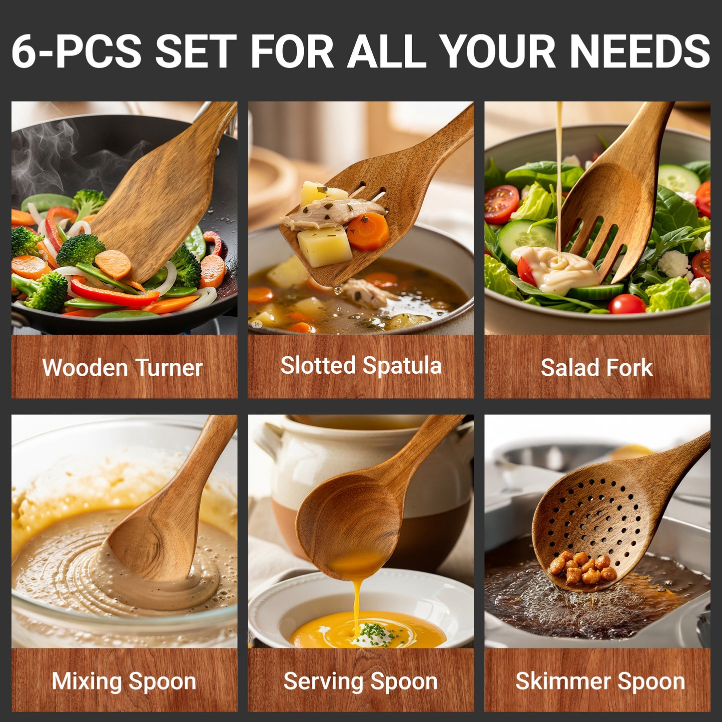 Kikcoin Wooden Cooking Utensil Set, 12 Pcs Acacia Wood Spoons for Cooking, Kitchen Utensils Set for Nonstick Pots, 6 Hooks Included, Heat Resistant