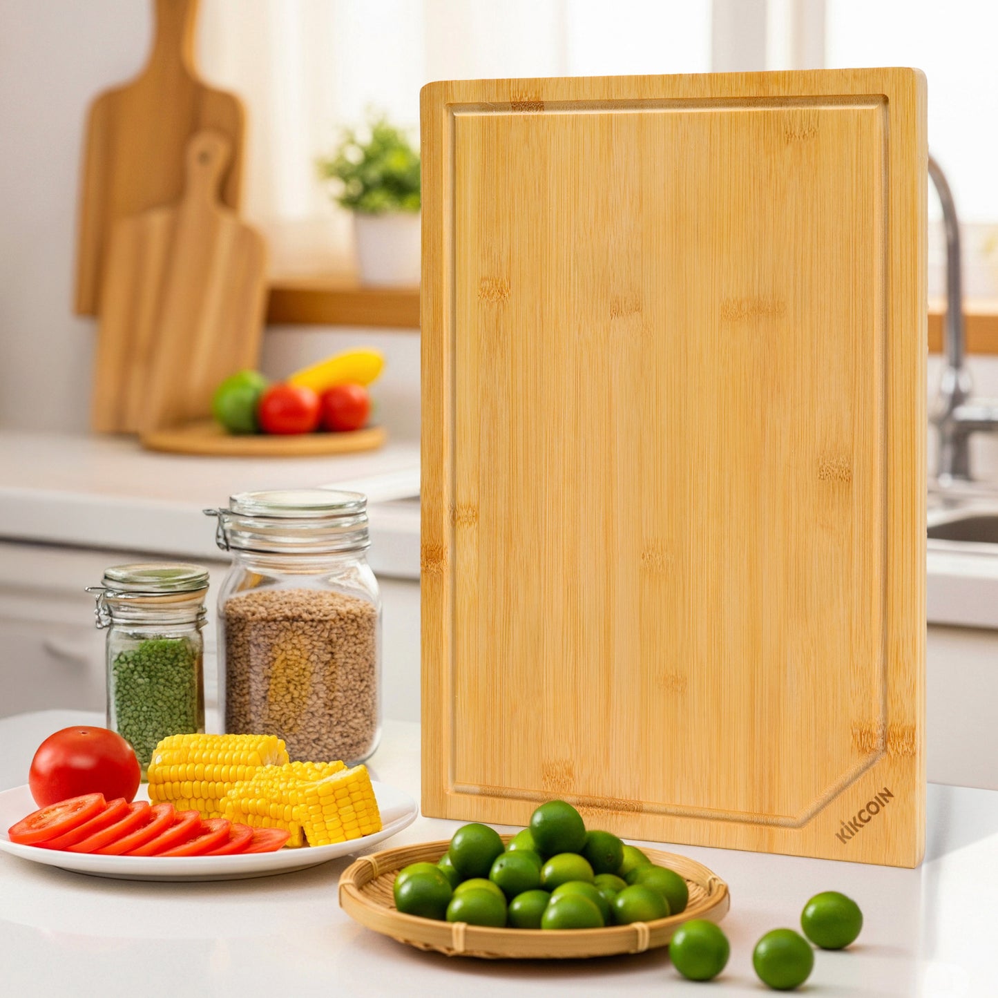 Kikcoin Bamboo Cutting Boards for Kitchen, with Deep Juice Groove and Inner Handle, 17.1" x 11.4"