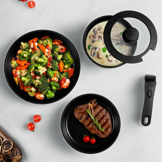 Kikcoin Pots and Pans Set, 6 Pcs Nontoxic Cookware Set for Kitchen, Detachable Handle Dishwasher/Oven Safe, Black