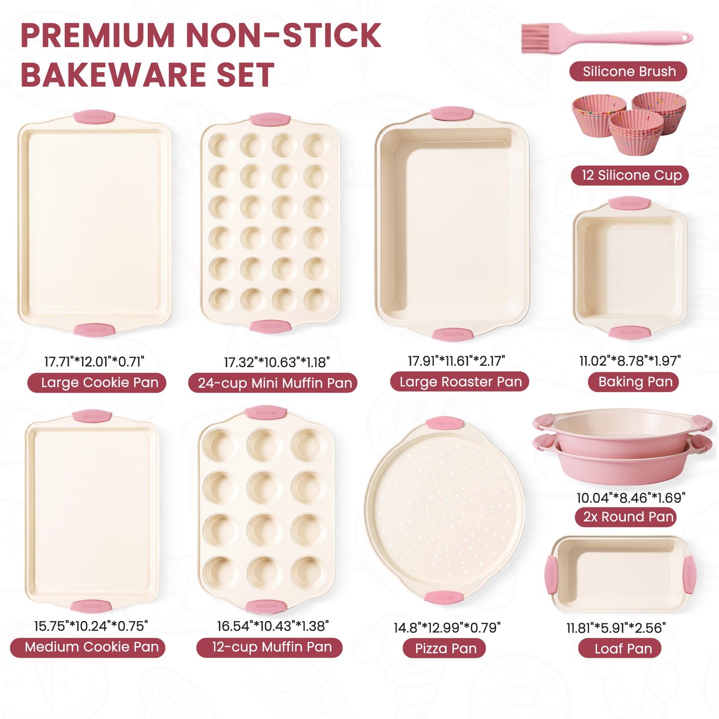 Kikcoin Bakeware Set, 23-Piece Baking Pans Set Kitchen Carbon Steel Baking Sheet Pans with Silicone Handles, Cookie Sheets Nonstick(Pink)