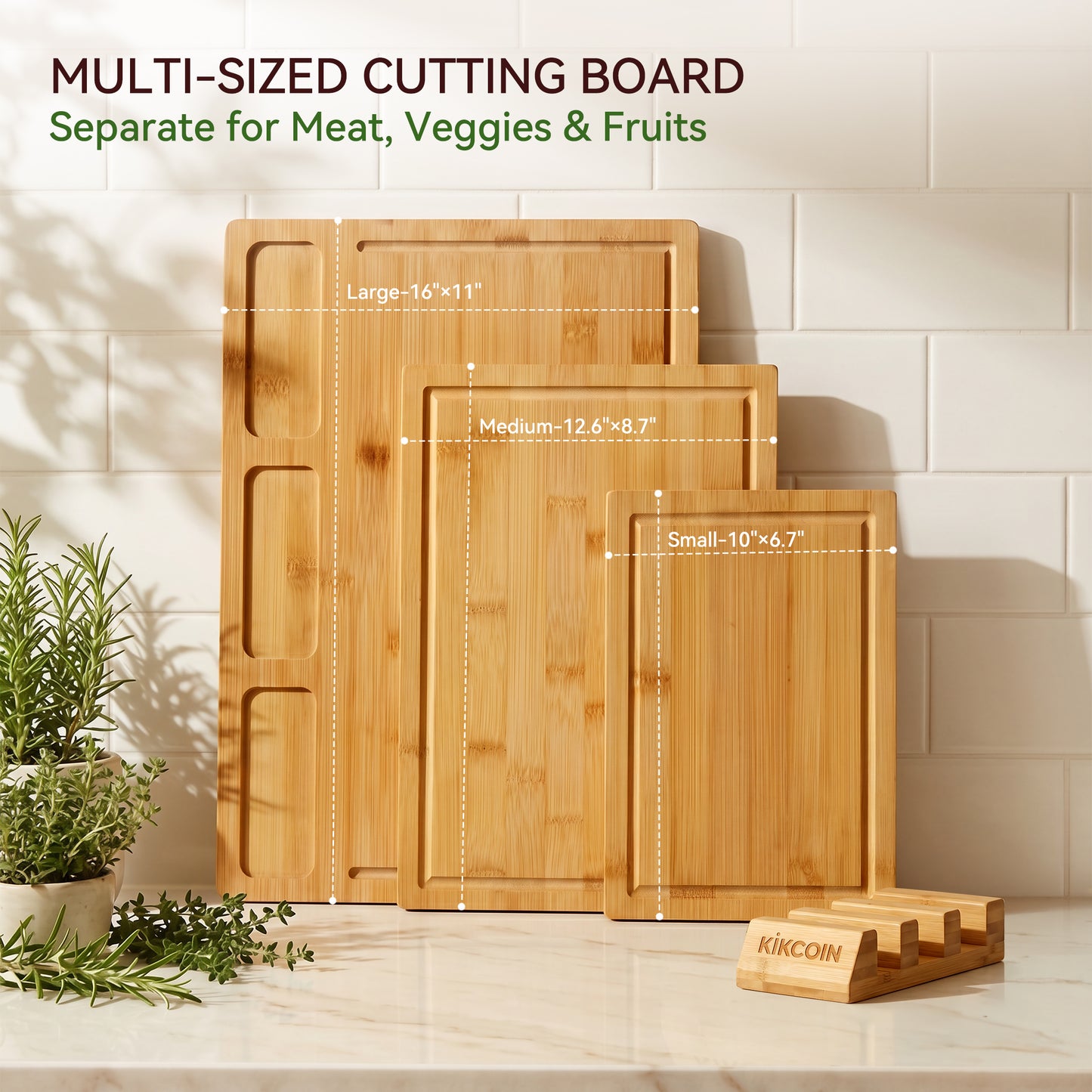Kikcoin Cutting Board, 4-Piece Bamboo Wood Chopping Boards with Rack, Wooden Charcuterie Board for Kitchen