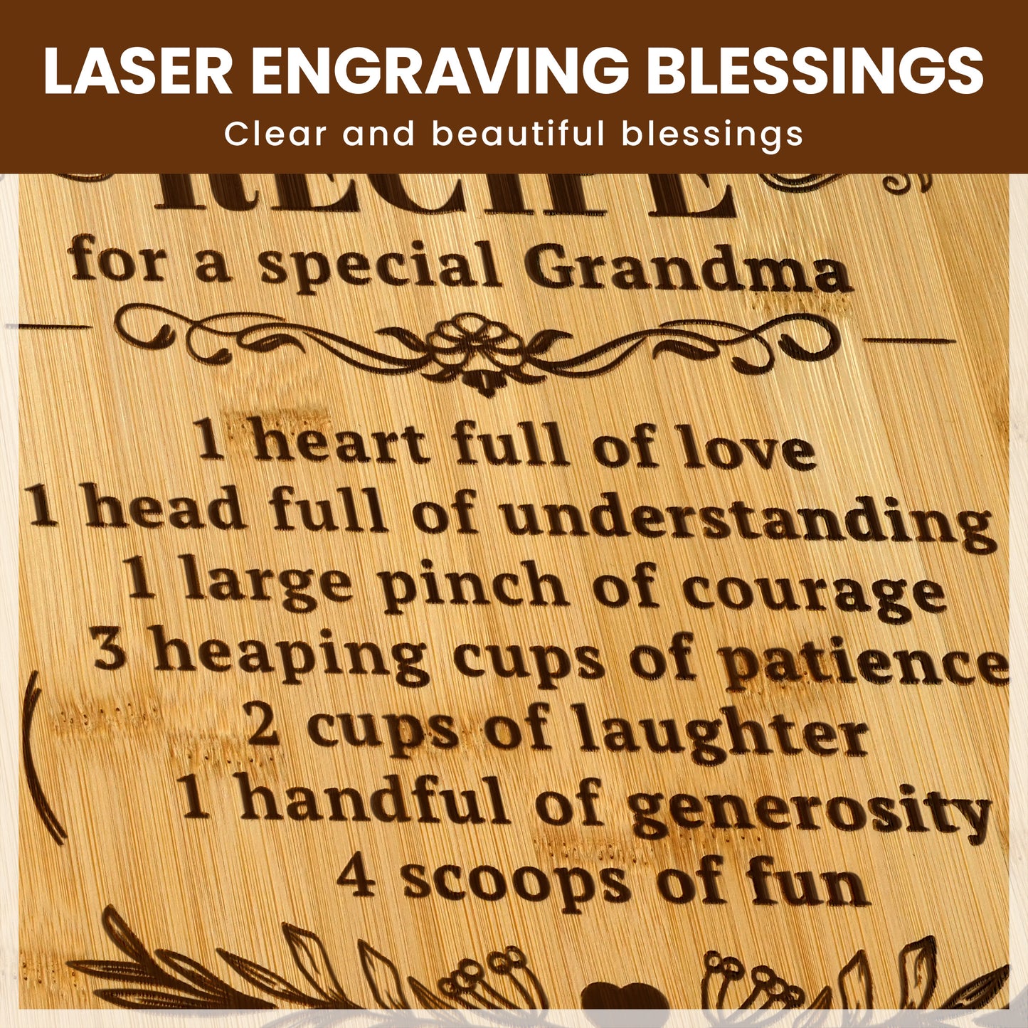 Kikcoin Bamboo Cutting Board, 13.78" Engraved Gift Chopping Board for Grandma, Thanksgiving, Birthday, Christmas Gifts - Recipe for a Special Grandma