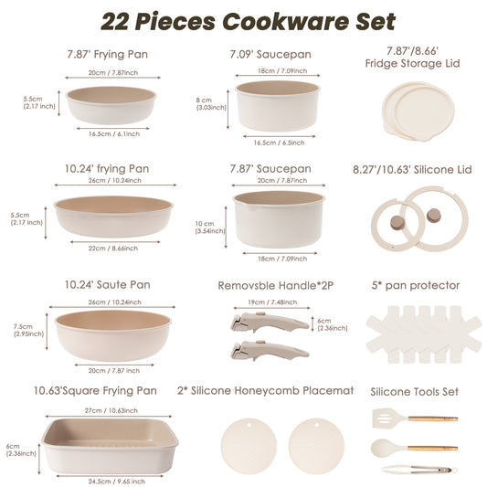 Kikcoin 22 pieces Pots and Pans Set Non-toxic, Nonstick Cookware Set with Detachable Handles, Dishwasher Safe(Beige)
