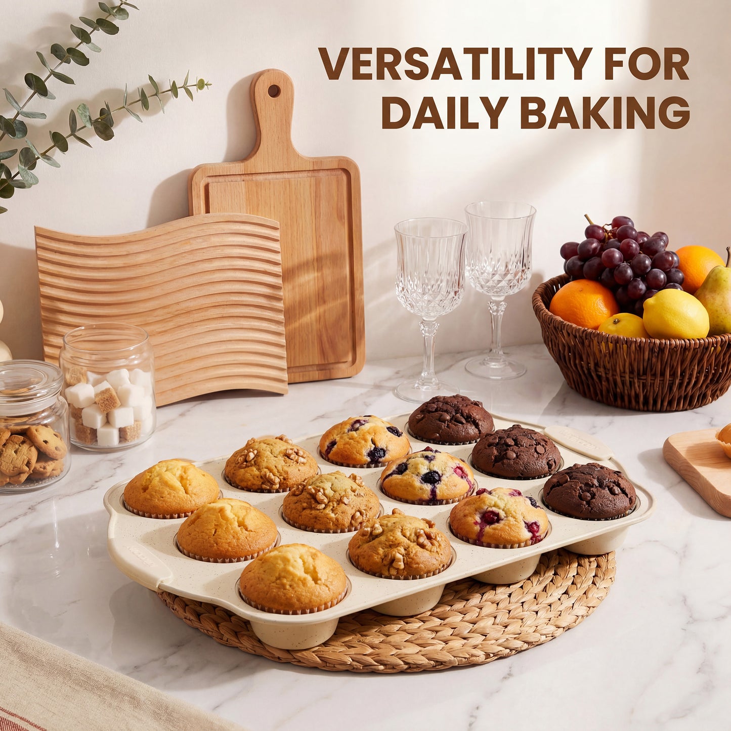 Kikcoin 2 Pack Muffin Pan Set, 12-Cup Non-stick Cupcake Pan, Carbon Steel Baking Pans Oven Safe up to 446℉