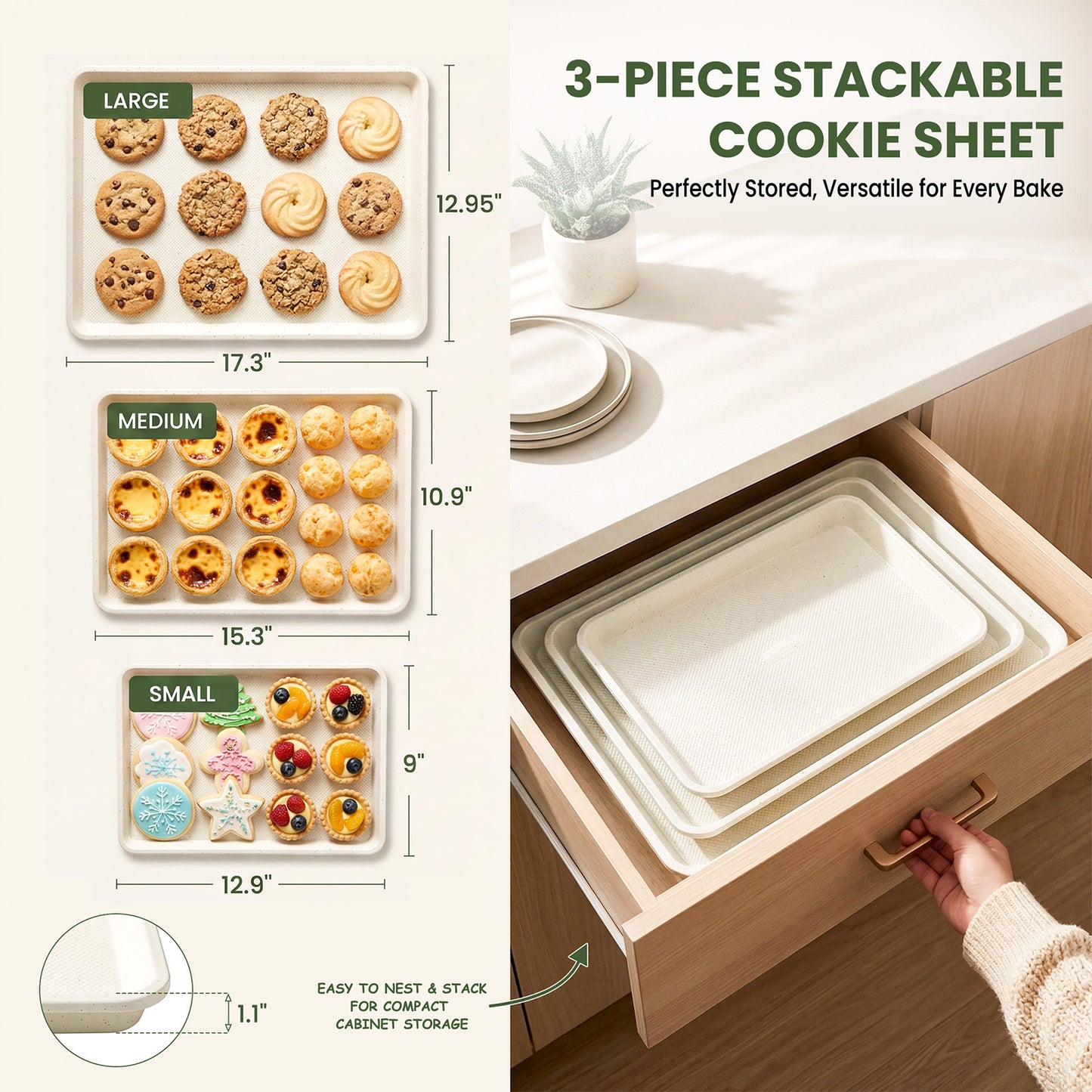 Kikcoin 3-Piece Nonstick Baking Sheets, Carbon Steel Cookie Sheet Set with Diamond Texture, Heavy Duty Baking Pans for Oven, Beige