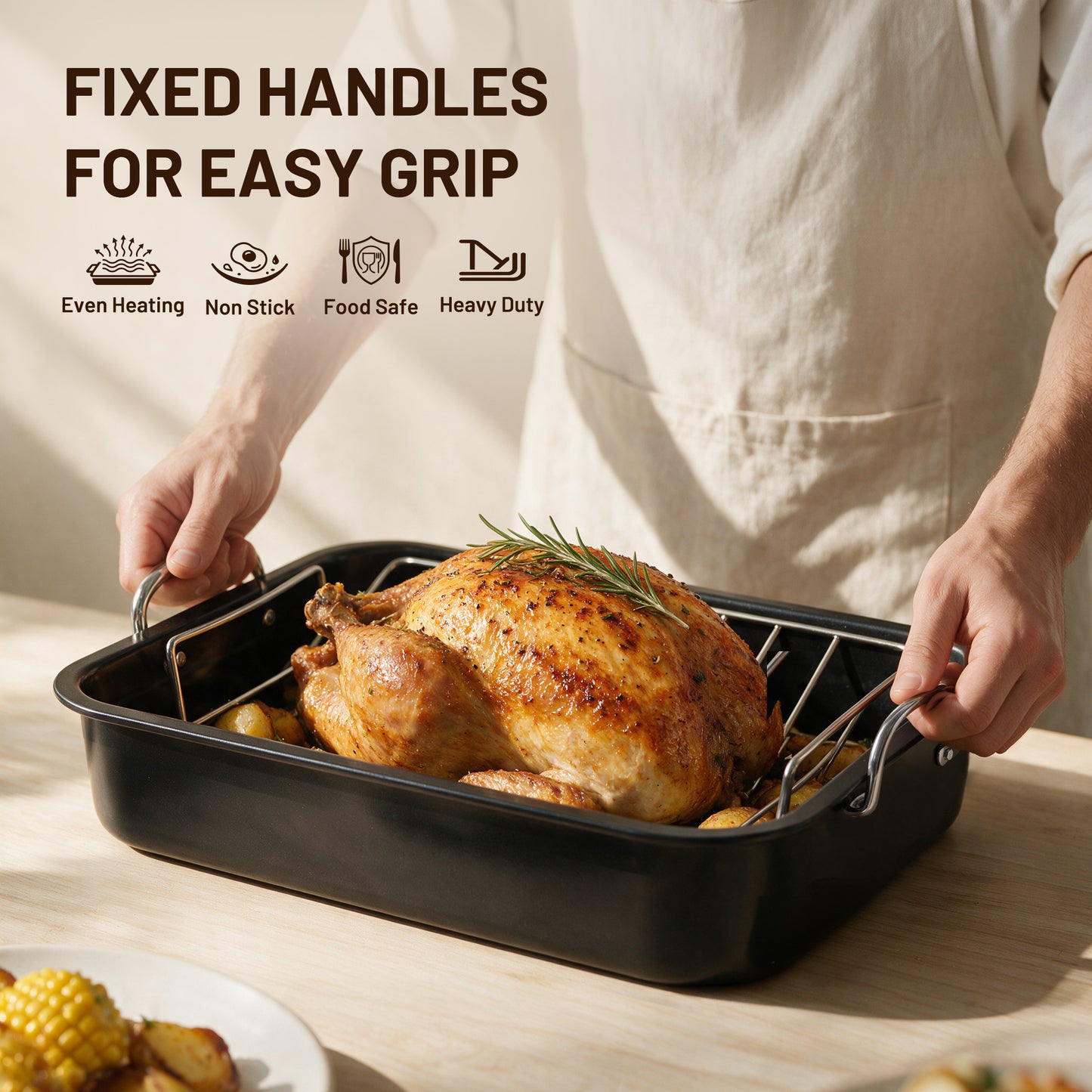 Kikcoin 3-Piece Turkey Roasting Pan Set with Racks, 15.75"x12" Nonstick Heavy Duty Baking Pan, Turkey Roaster with Handles, Black
