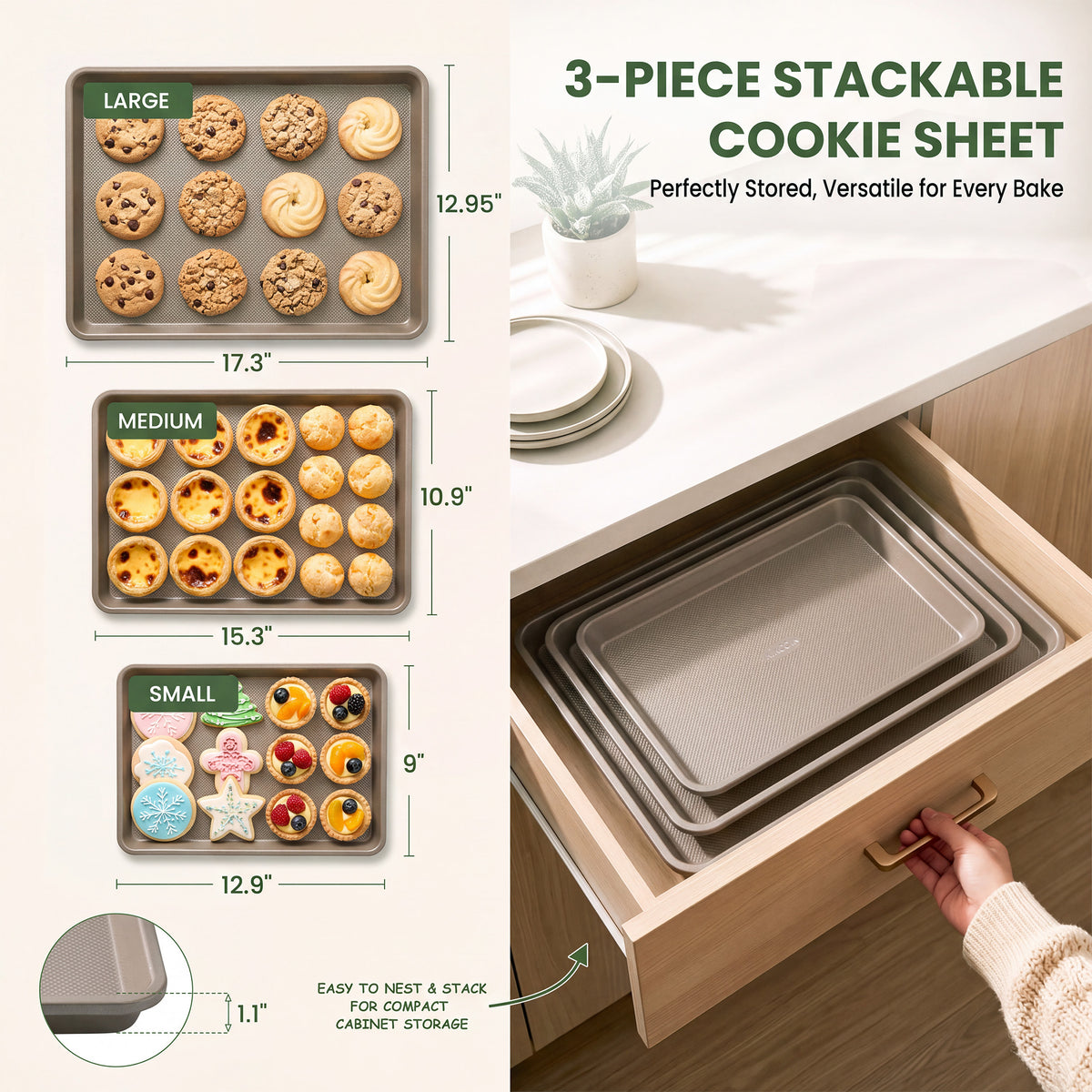 Kikcoin 3-Piece Nonstick Baking Sheets, Carbon Steel Cookie Sheet Set with Textured Surface, Heavy Duty Baking Pans for Oven, Champagne Gold
