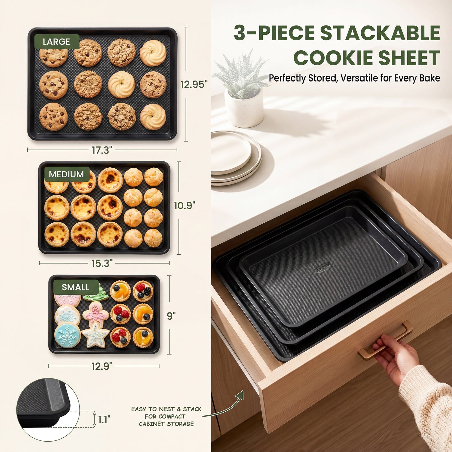 Kikcoin 3-Piece Nonstick Baking Sheets, Carbon Steel Cookie Sheet Set with Diamond Texture, Heavy Duty Baking Pans for Oven, Black