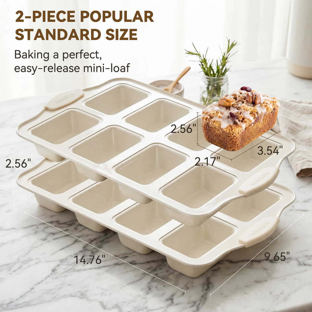 Kikcoin 2-Piece Mini Loaf Pans, 8-Cavity Non-Stick Baking Bread Molds, Oven Safe Bakeware for Cake & Pastry Making, Beige
