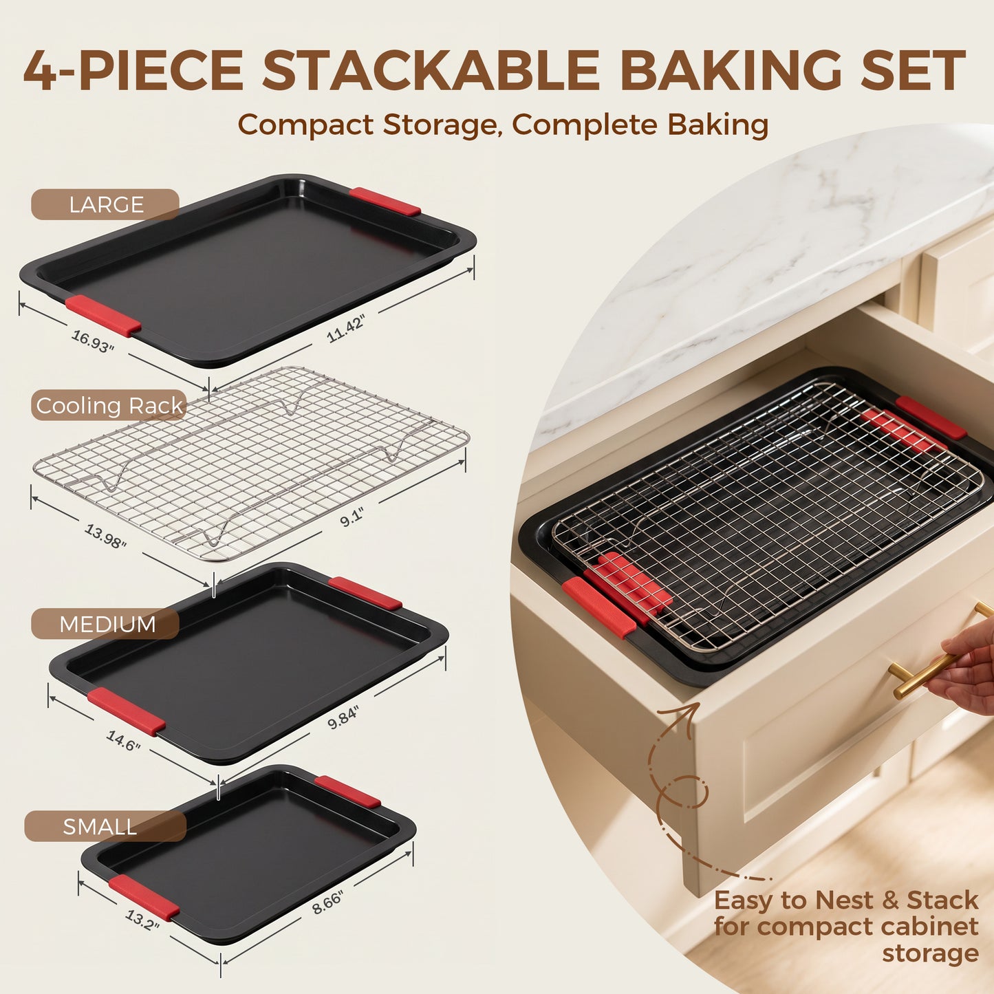 Kikcoin Cookie Sheet Pan, 4-Piece Non-stick Cupcake Pan Set with Cooling Rack, Carbon Steel Baking Set with Silicone Handles, Black