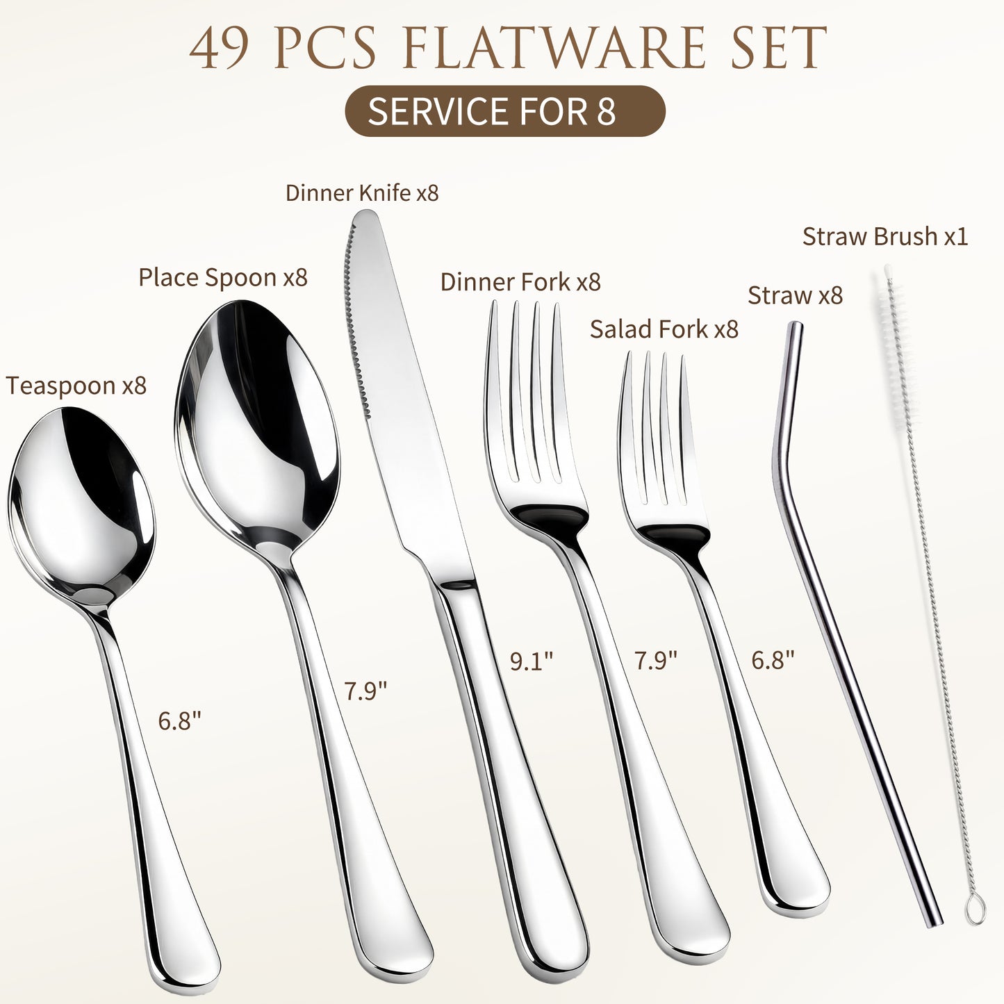 Kikcoin Silverware Set for 8, 49 Pcs Stainless Steel Flatware Set, Mirror Polished Tableware Cutlery for Home, Restaurant, Dishwasher Safe