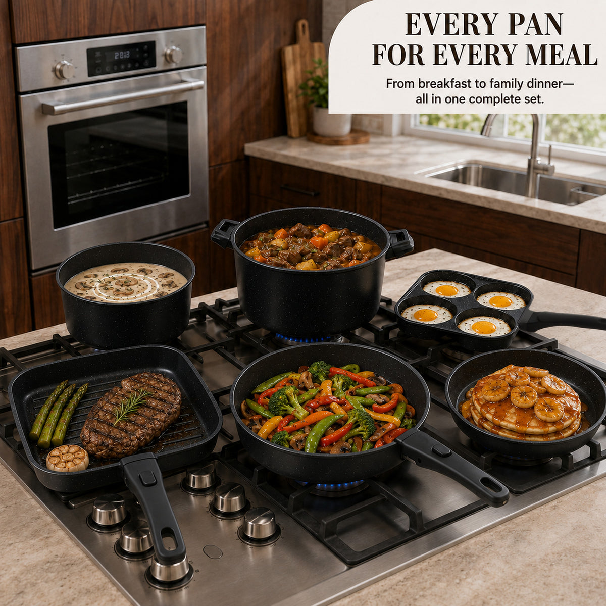 KIKCOIN 30-Piece Nonstick Pots and Pans Set, Cookware with Removable Handle Complete Cooking Set; Induction Ready, Stackable, Dishwasher & Oven Safe to 480°F, PFAS-Free; Includes Frying Pans, Stock Pot
