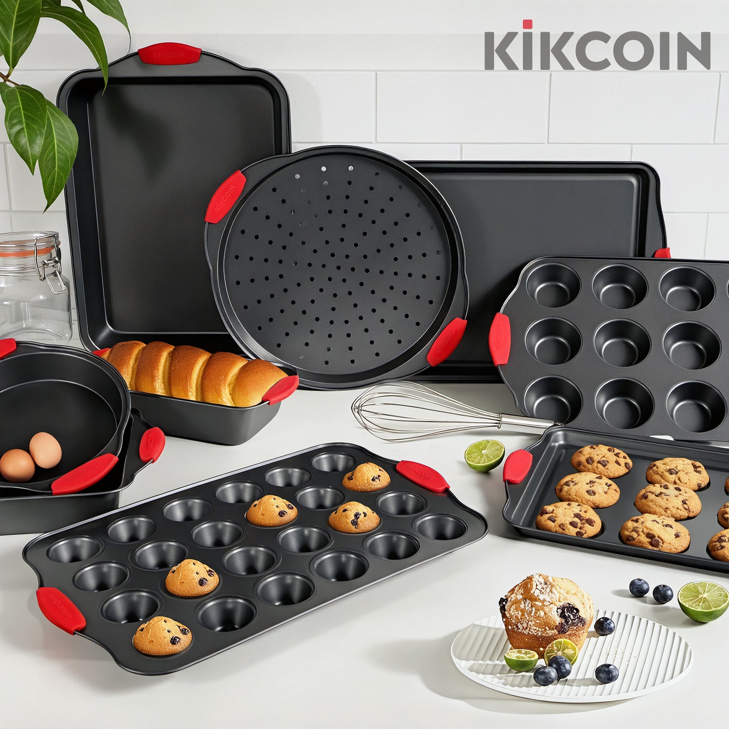 Kikcoin Bakeware Set, 33-Piece Baking Pans Set, Nonstick Baking Sheet Pans for Kitchen with Silicone Handles, Nonstick Cookie Sheets, Loaf Pan, Gray
